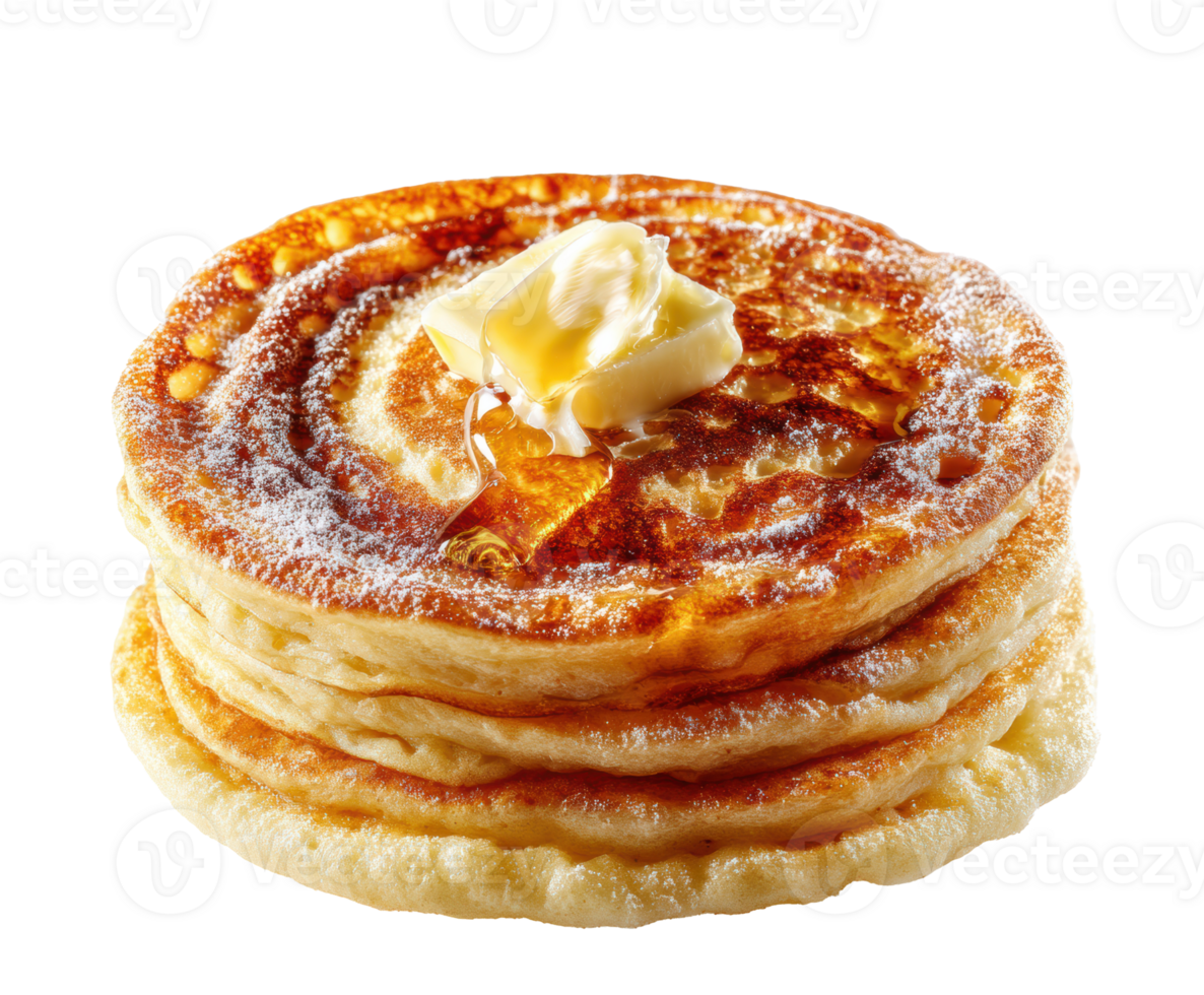 Warm pancakes topped with melting butter and syrup for breakfast png