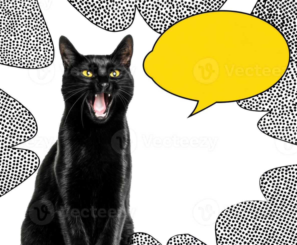 Black cat with yelling expression and speech bubble design png