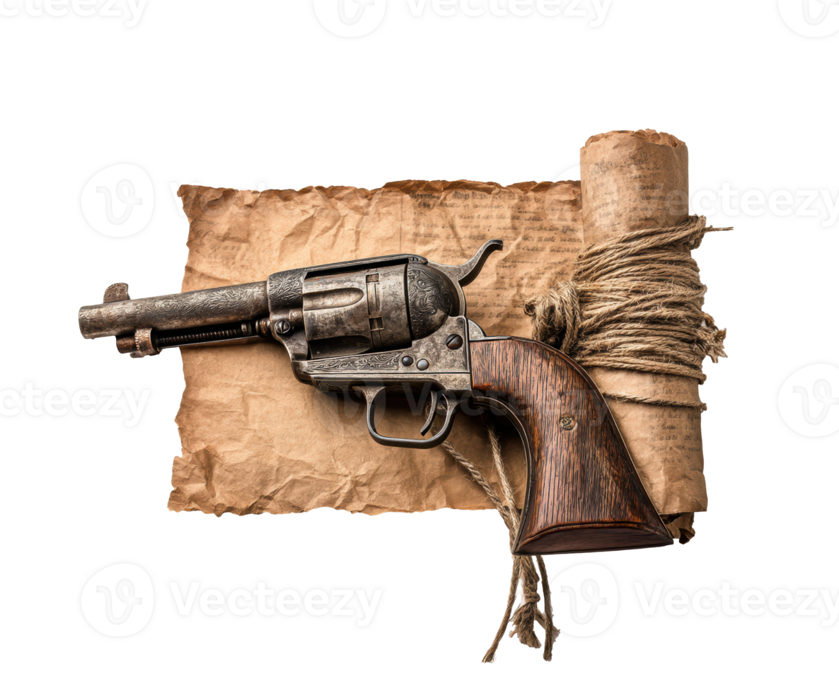 Antique revolver and aged parchment scroll for historical themes png