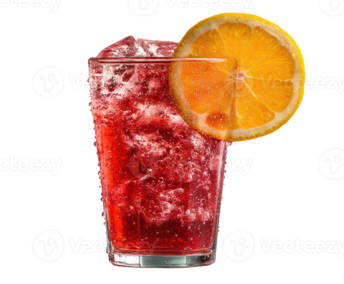 Refreshing cherry soda with ice and citrus slice garnishing png