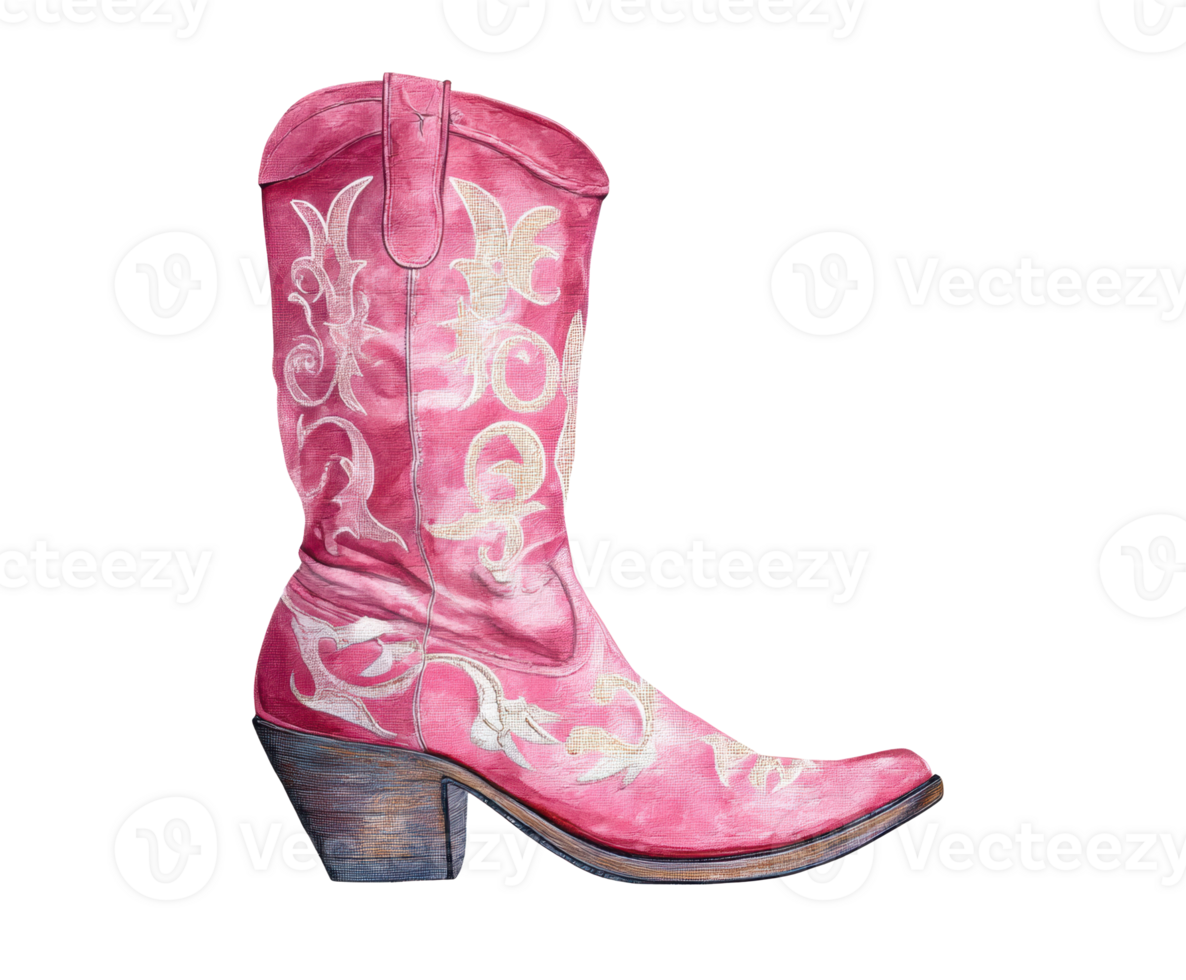 Stylish pink cowboy boot with intricate western designs png