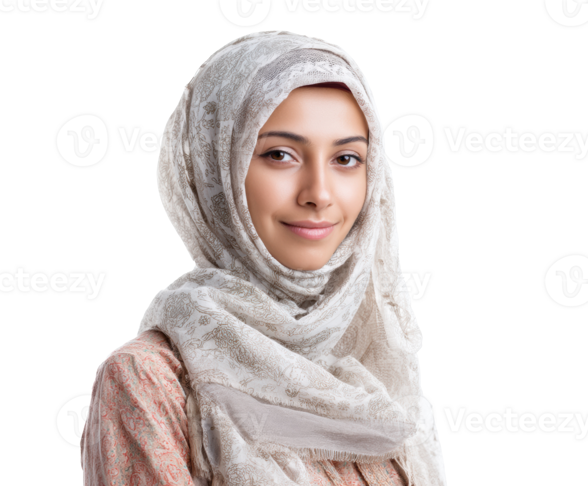 Elegant woman wearing a light scarf with a serene expression png