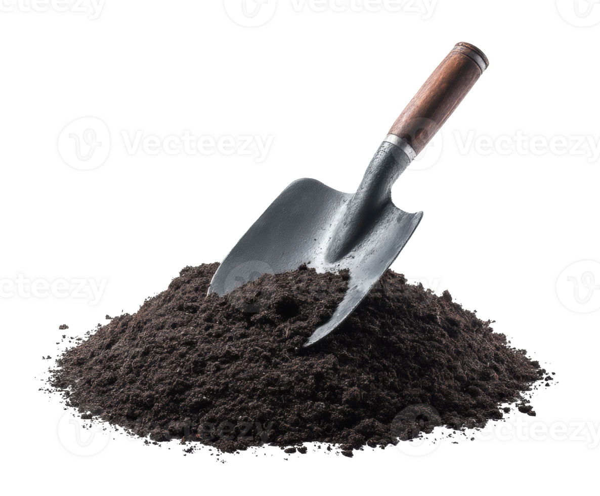 Soil mound with garden shovel for landscaping and gardening tasks png