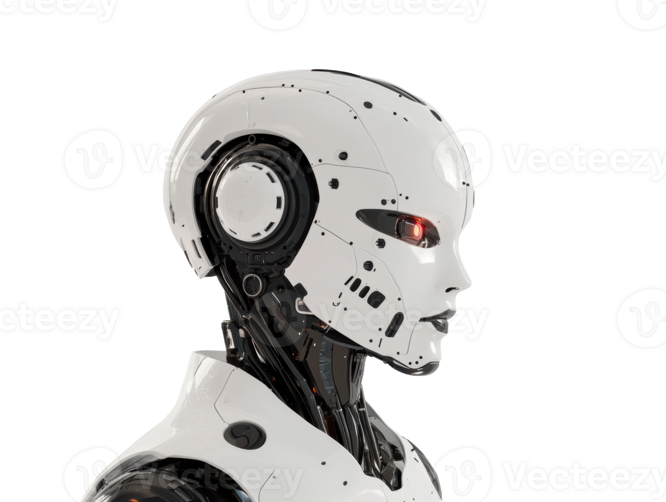 Futuristic robot with sleek design featuring glowing red eyes png