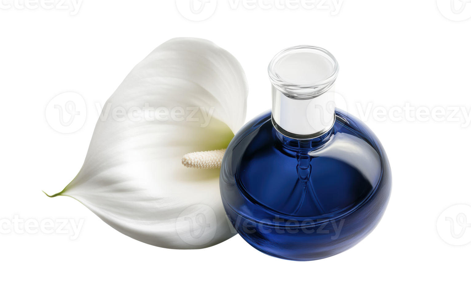 Blue glass bottle next to a white flower on a plain background png