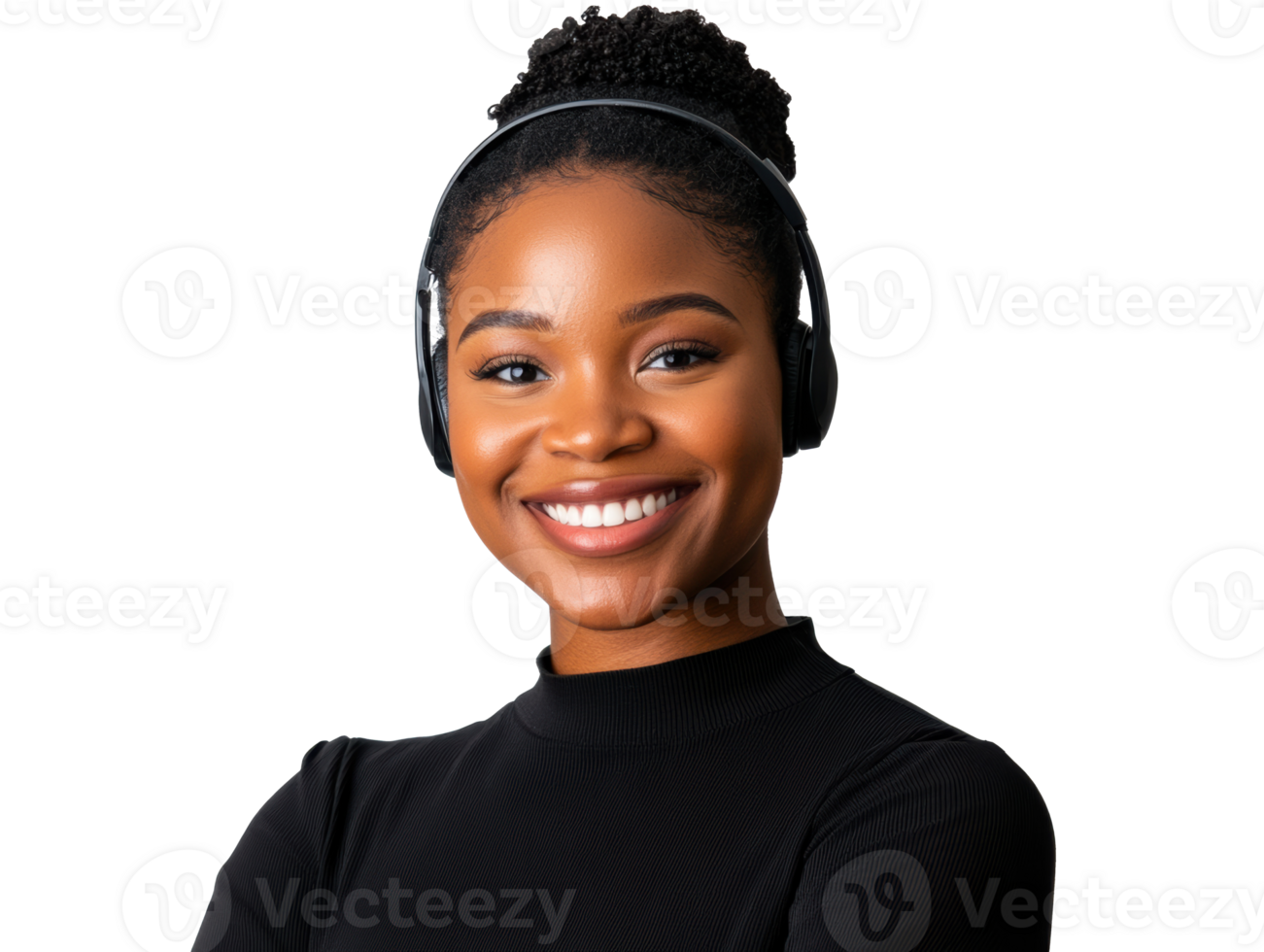 Smiling woman with headphones in a studio setting png