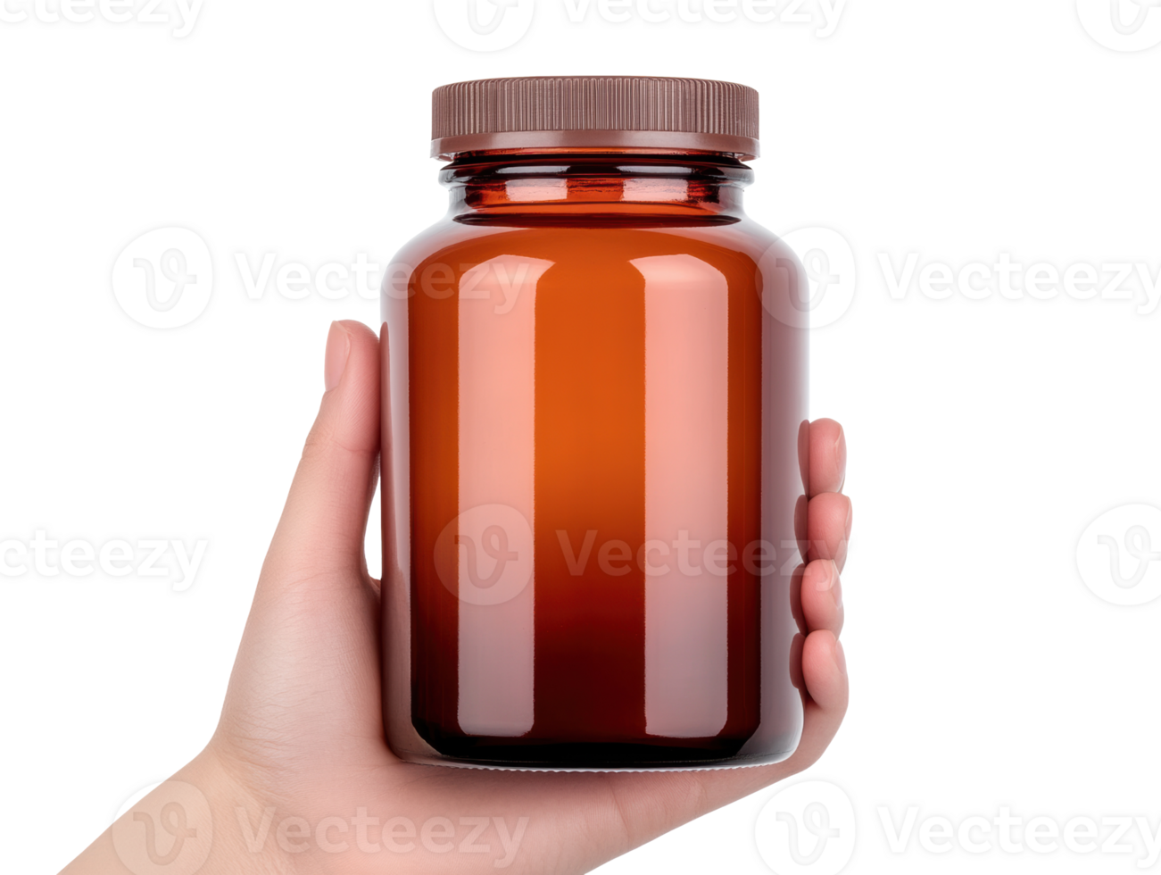 Hand holding an amber glass jar with a lid in bright setting png