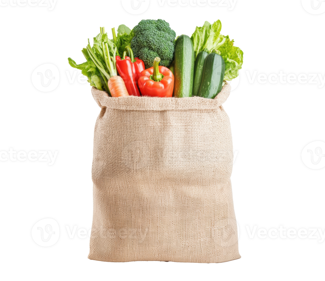 Fresh vegetables in burlap sack from local farmers market png