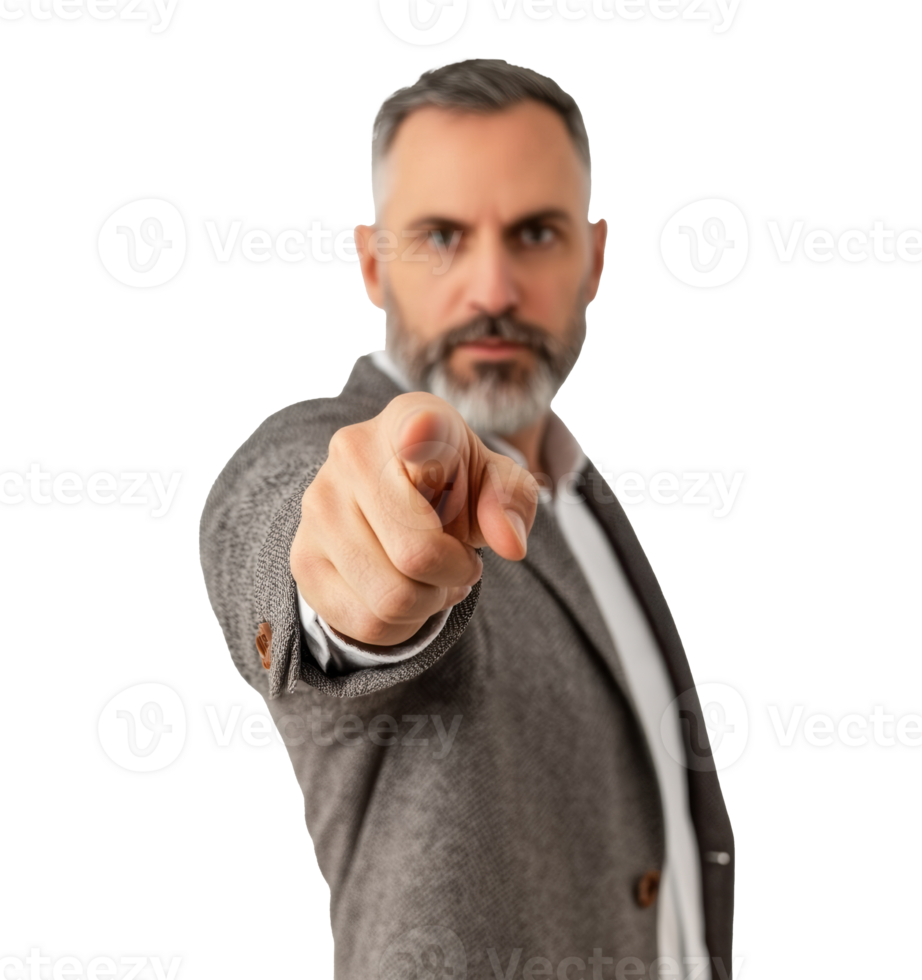 Man in a grey blazer points and makes a serious expression png