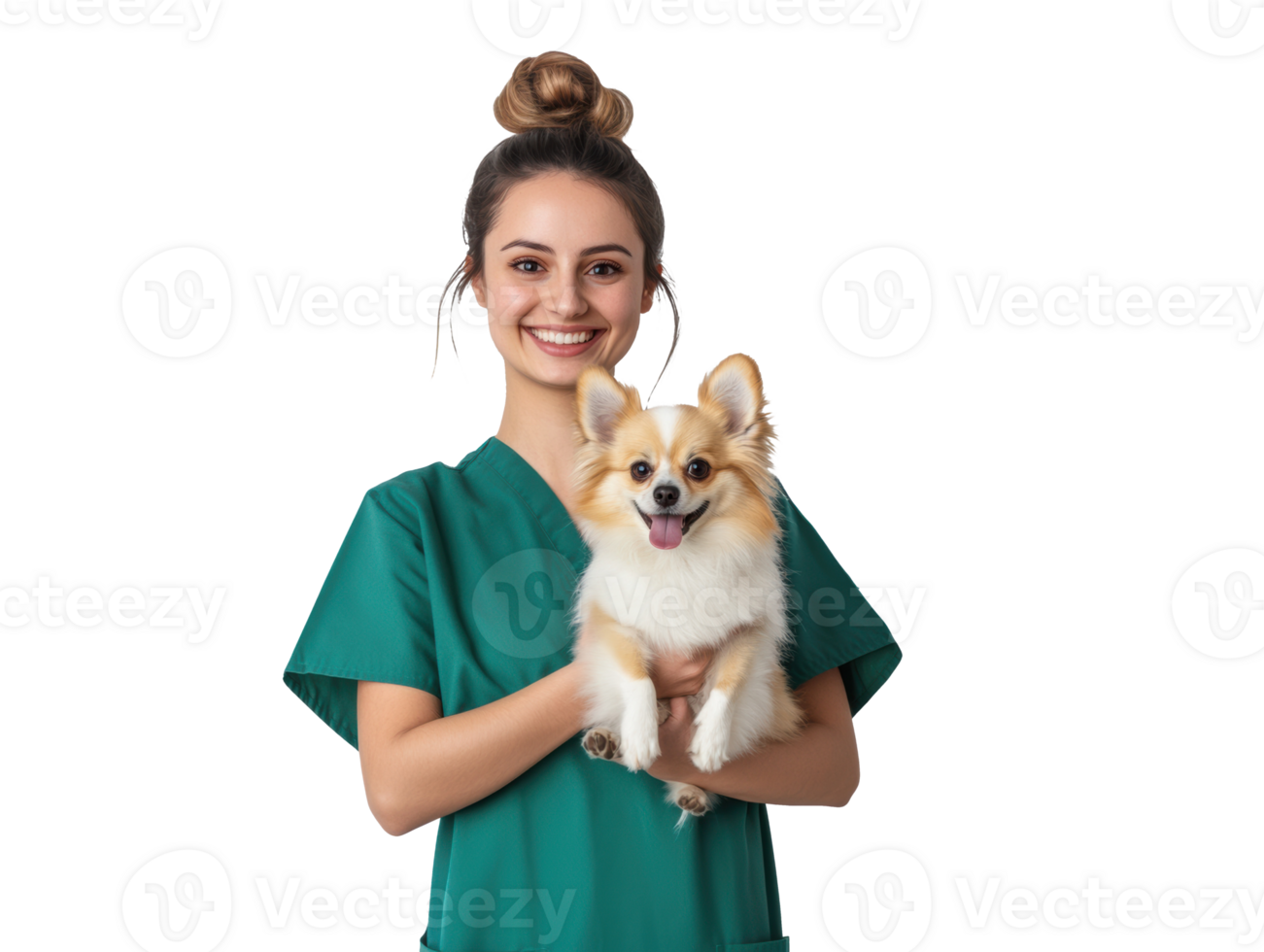 Caring veterinarian holds happy corgi in clinic setting png