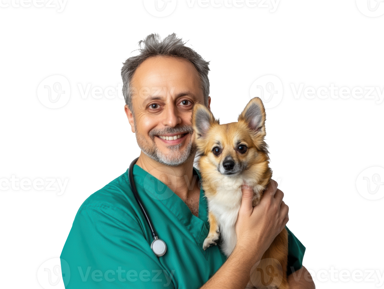 Veterinarian smiles while holding a small dog in a clinic png