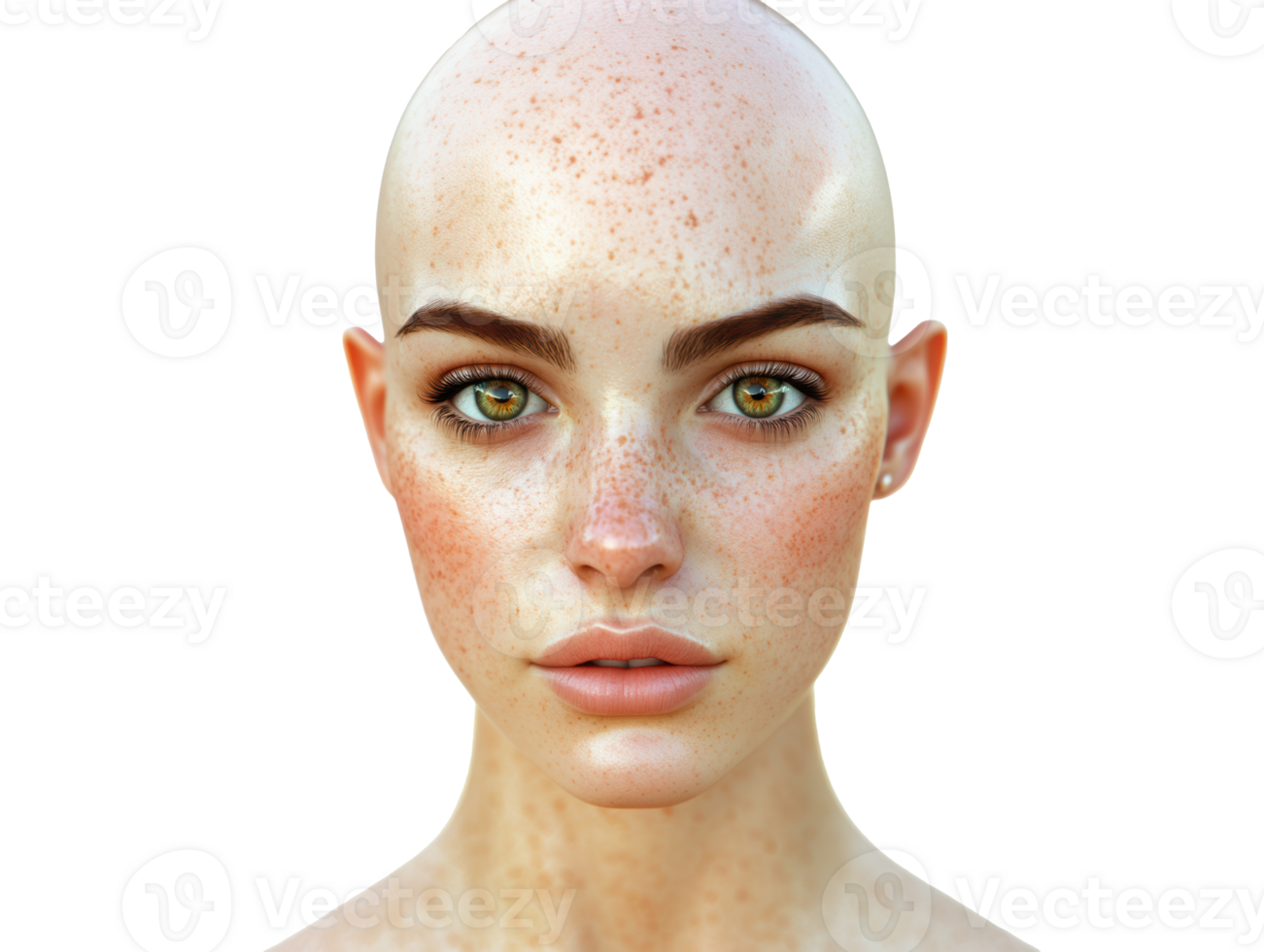 Realistic portrait of a bald young woman with striking features png