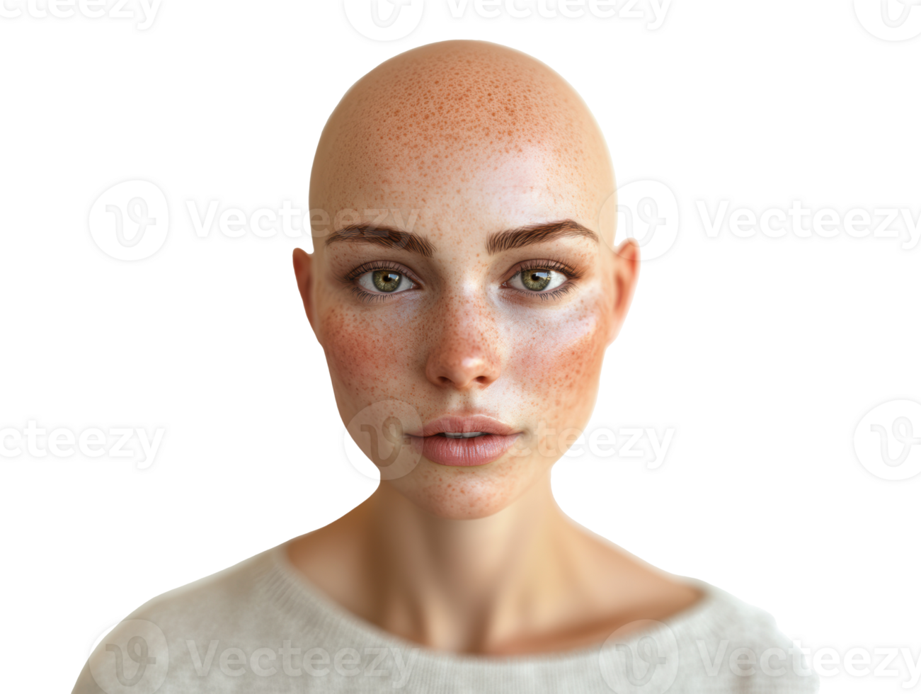 Portrait of a bald woman with freckles against a white background png