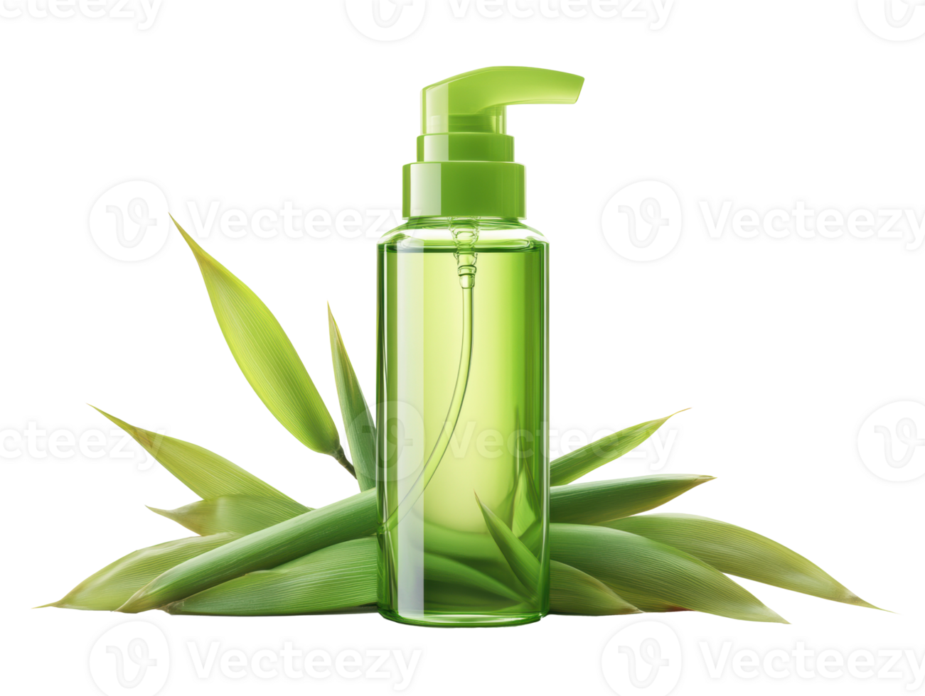 Aloe vera extract in a green pump bottle with fresh leaves png