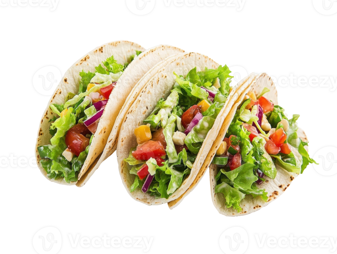 Freshly made vegetable tacos with crisp lettuce and colorful toppings png