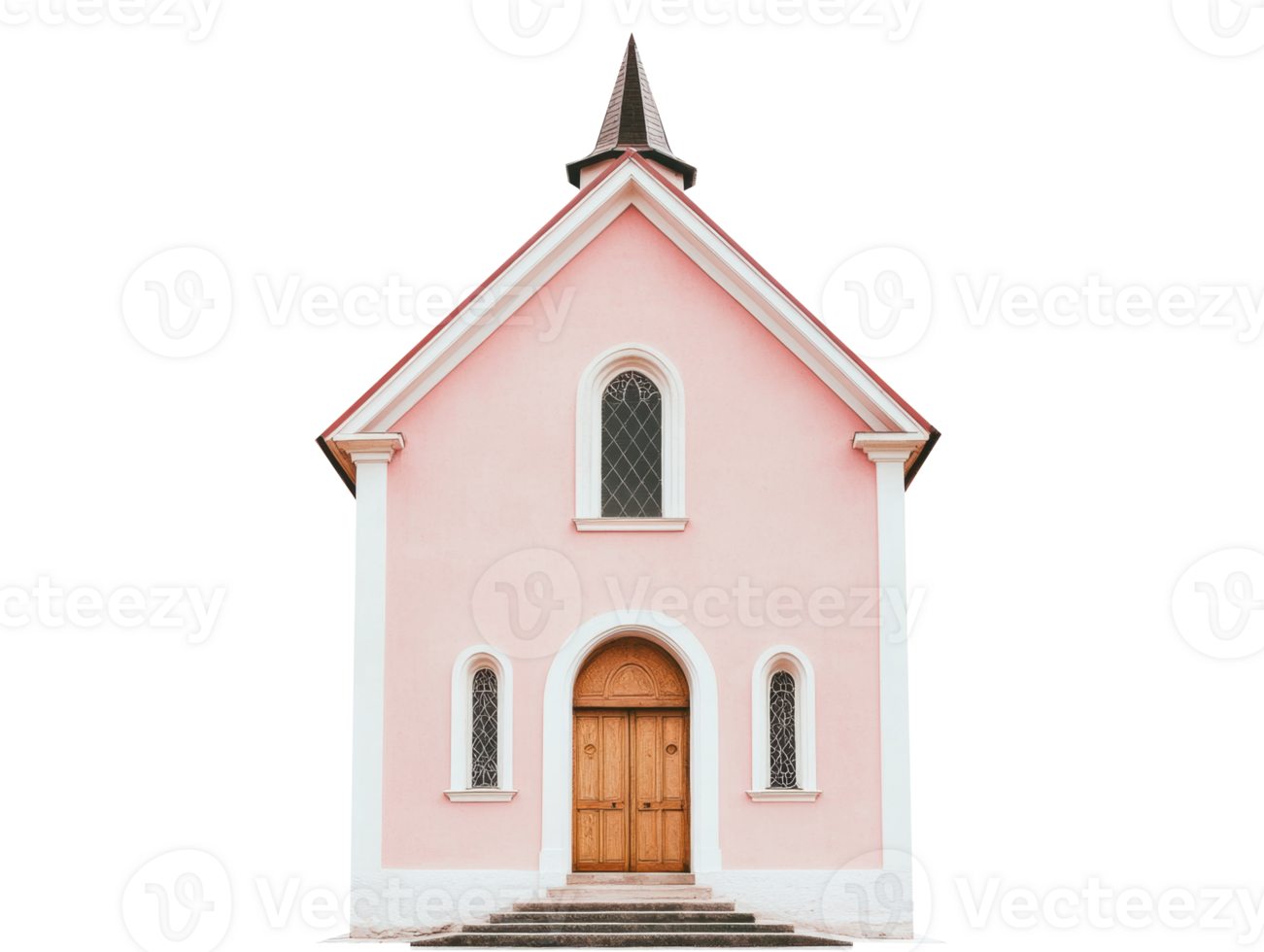 Charming pink chapel with a pointed roof and wooden door png