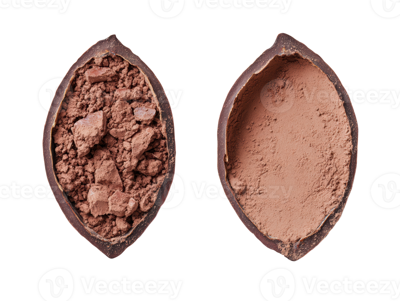 Cocoa pod halves showcasing raw cacao versus processed cocoa powder png