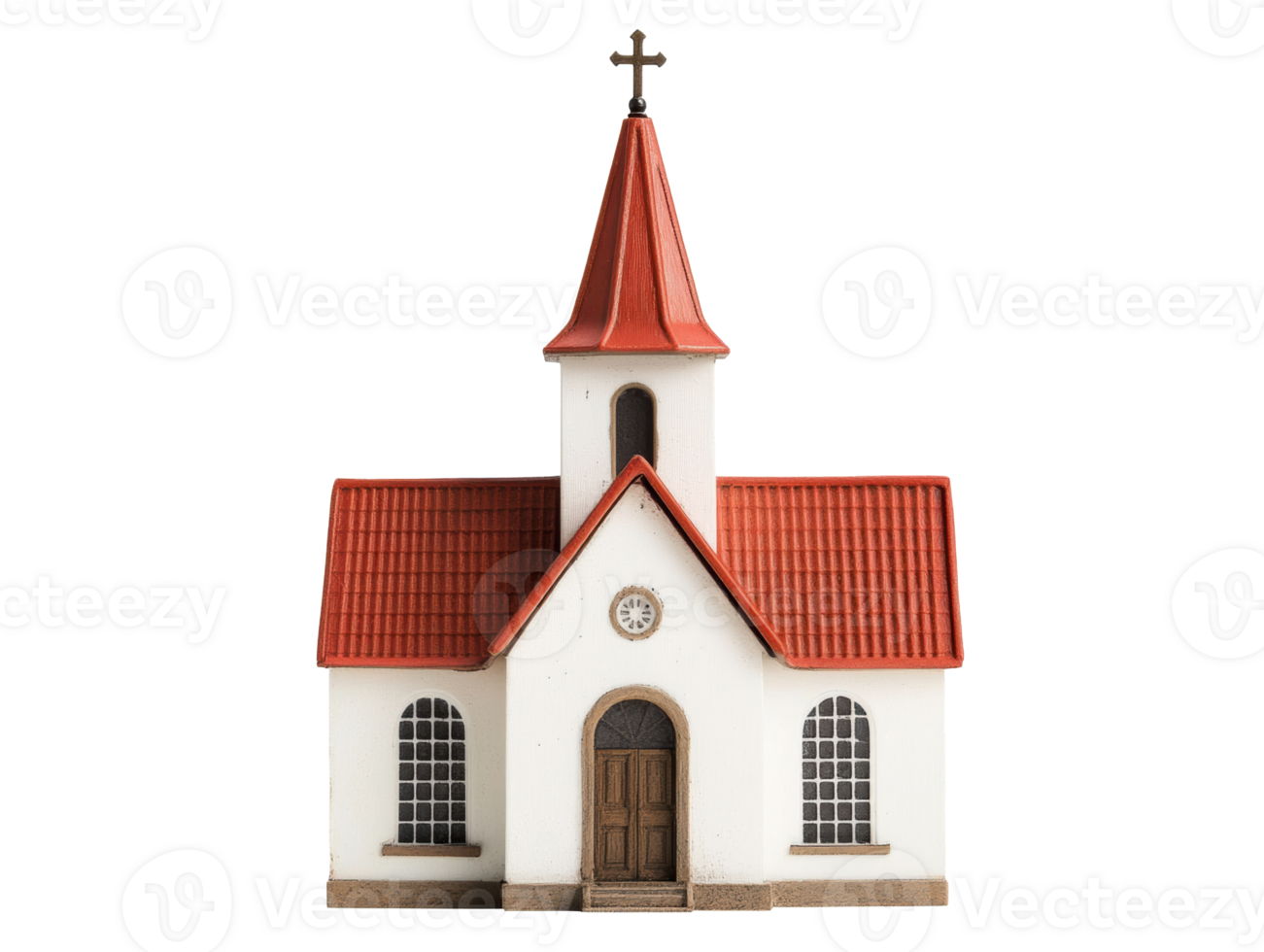 Miniature church model with red roof and cross on top png