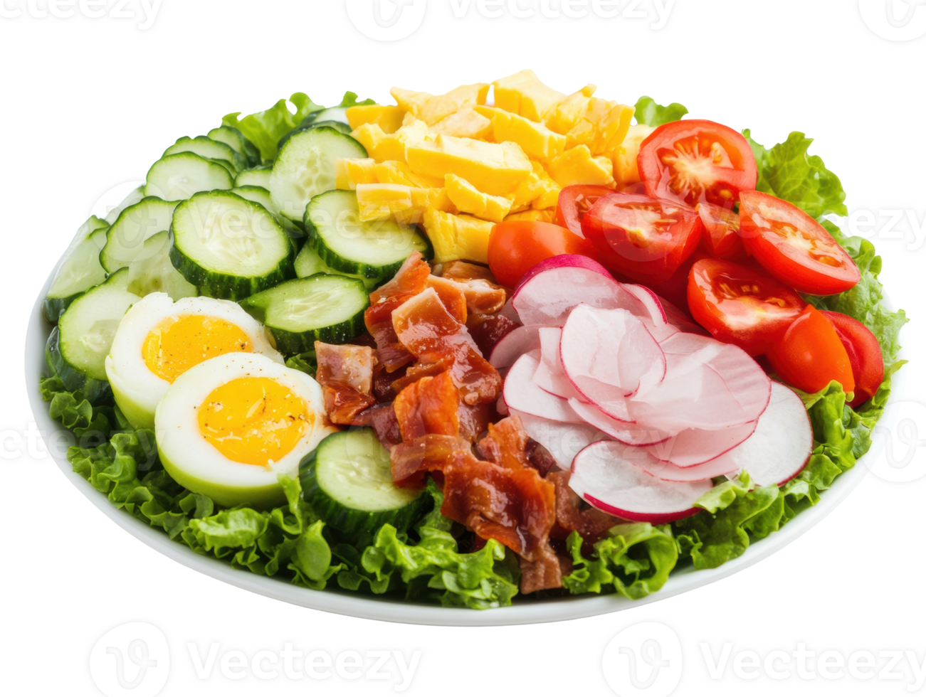 Fresh salad platter with cucumbers, tomatoes, eggs, and more png