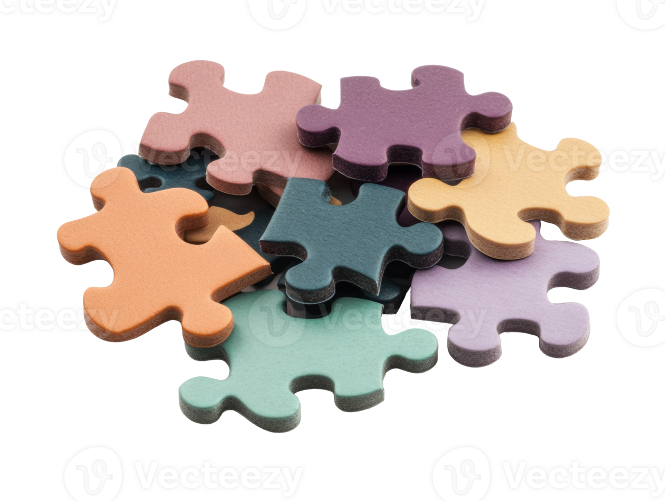 Colorful puzzle pieces scattered on a white background png