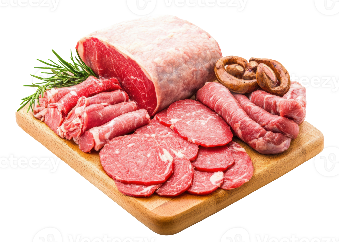 Fresh cuts of beef and sausages arranged on a wooden board png