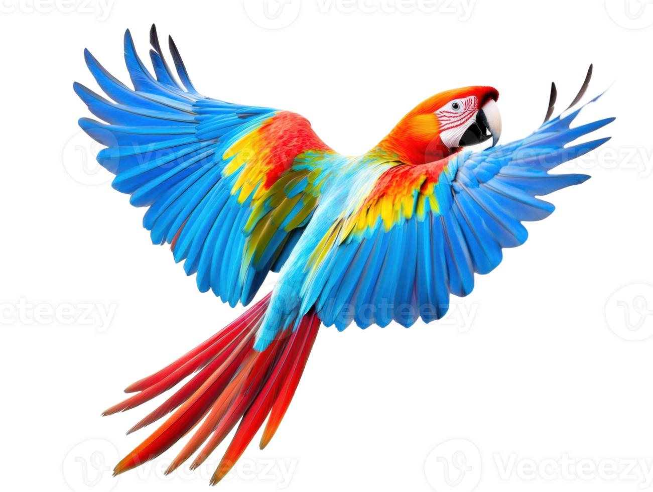 Colorful macaw flying against a white background with wings spread png