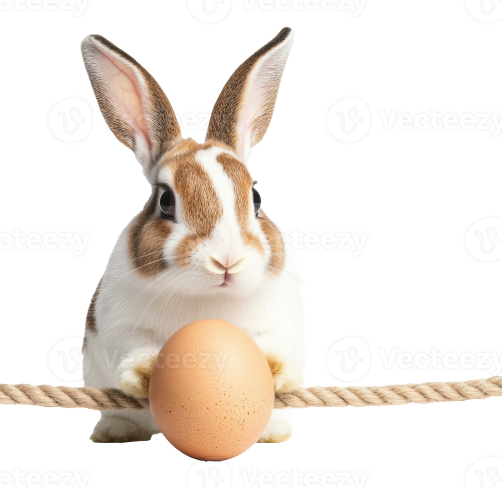 Rabbit with an egg on a rope in a plain background setting png