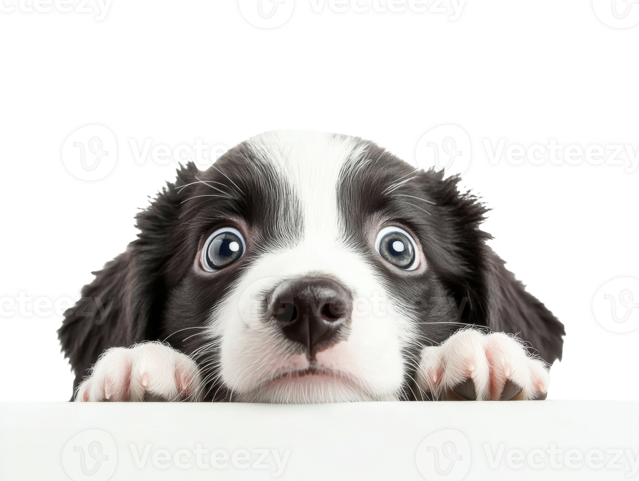 Cute puppy with big eyes peeking over a white surface png