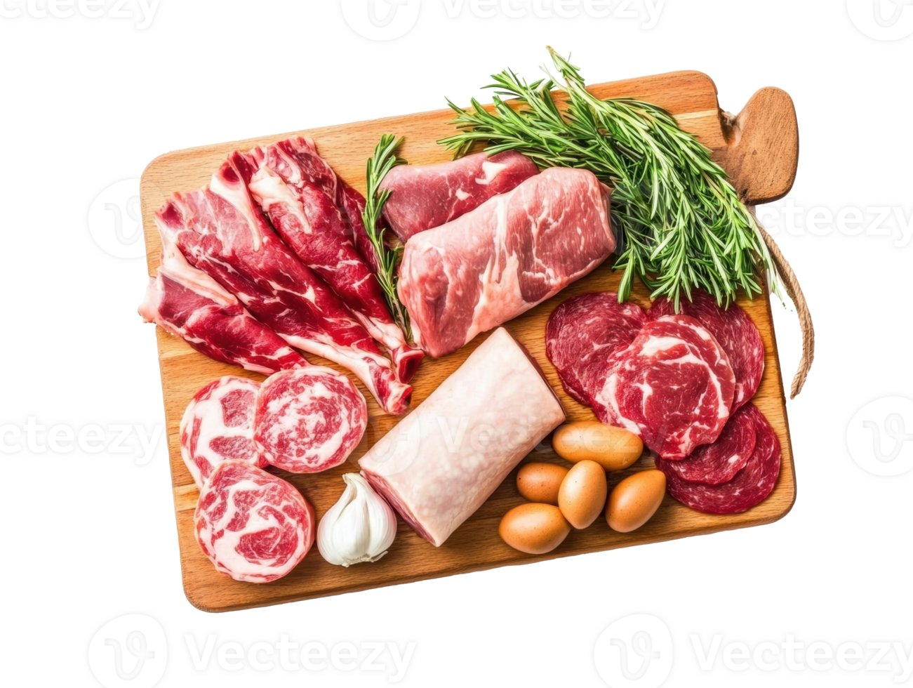 Fresh cuts of meat and ingredients displayed on a wooden board png
