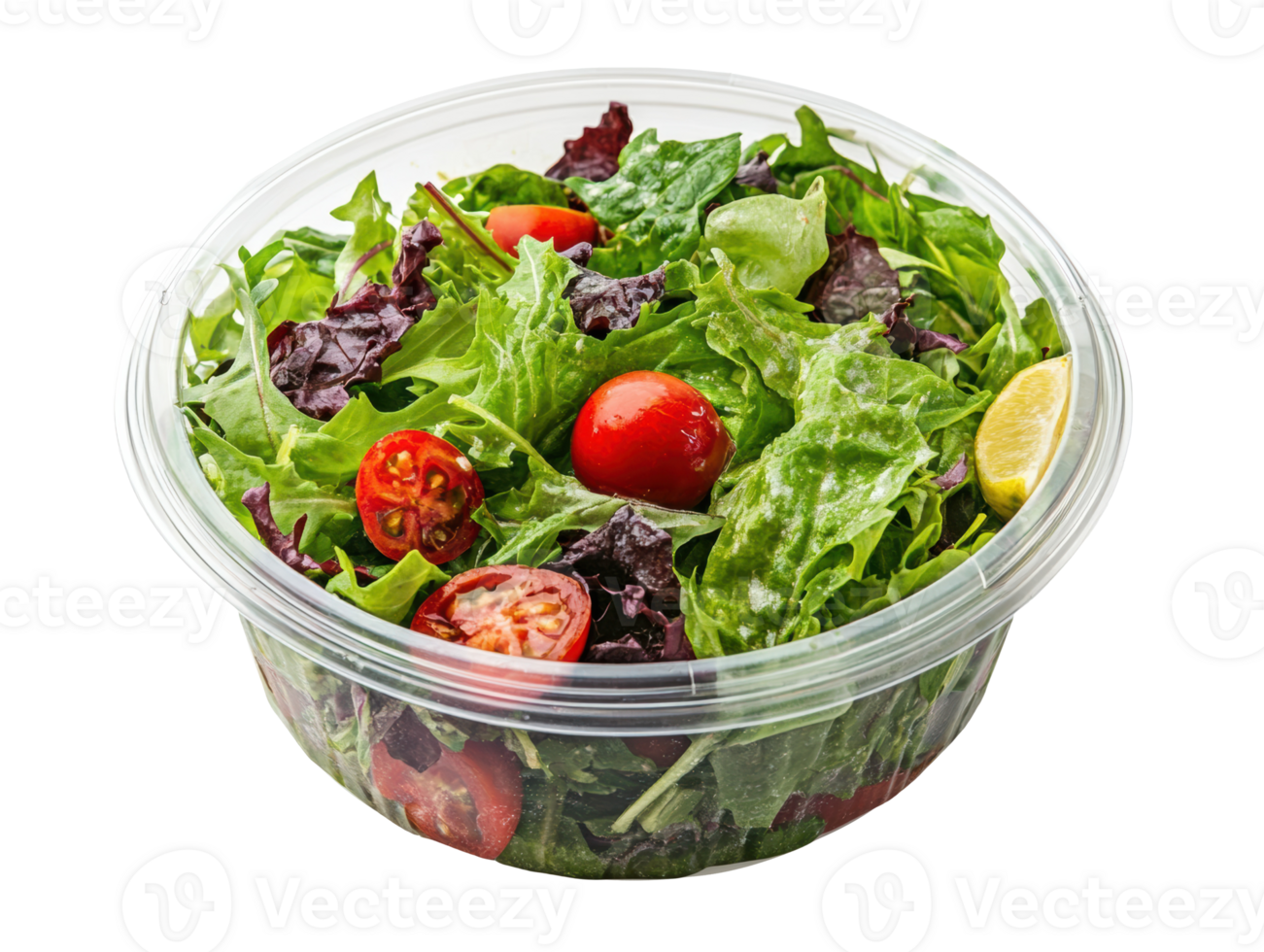 Salad bowl with fresh greens, cherry tomatoes, and lime wedge png