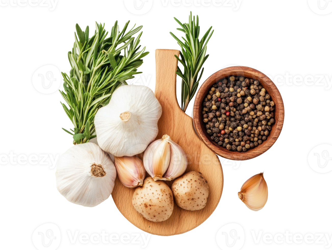 Fresh herbs and spices arranged on a wooden cutting board png
