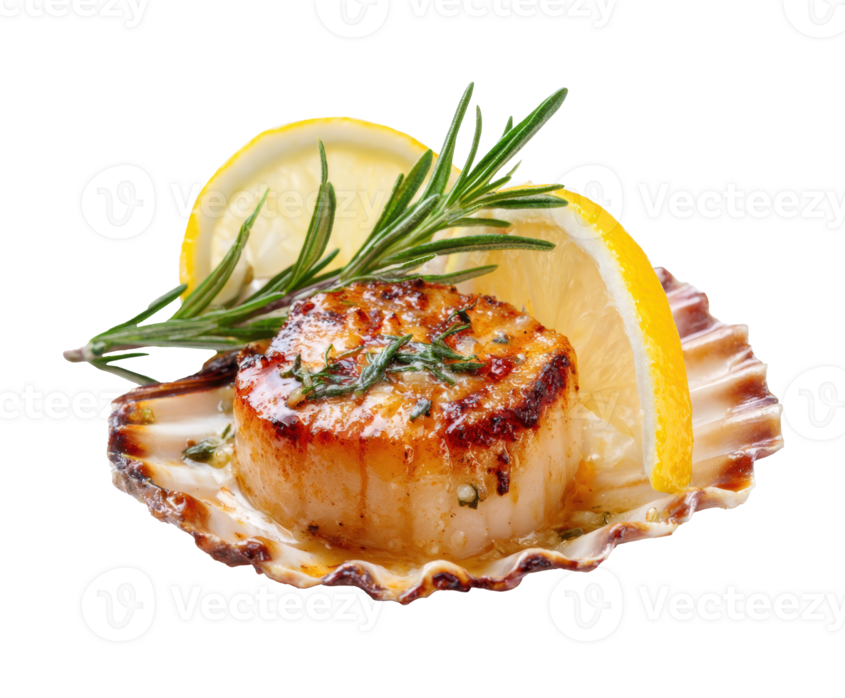 Grilled scallops with lemon and rosemary on a shell png
