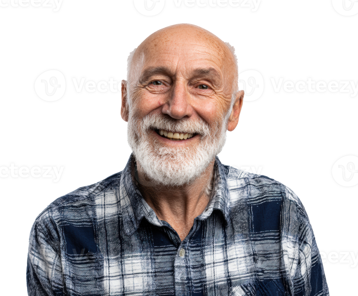 Joyful elderly man with a beard smiling in a plaid shirt png
