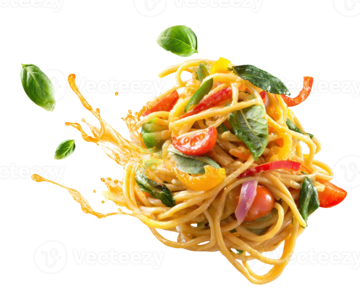 Colorful pasta dish with fresh vegetables and herbs for dining png