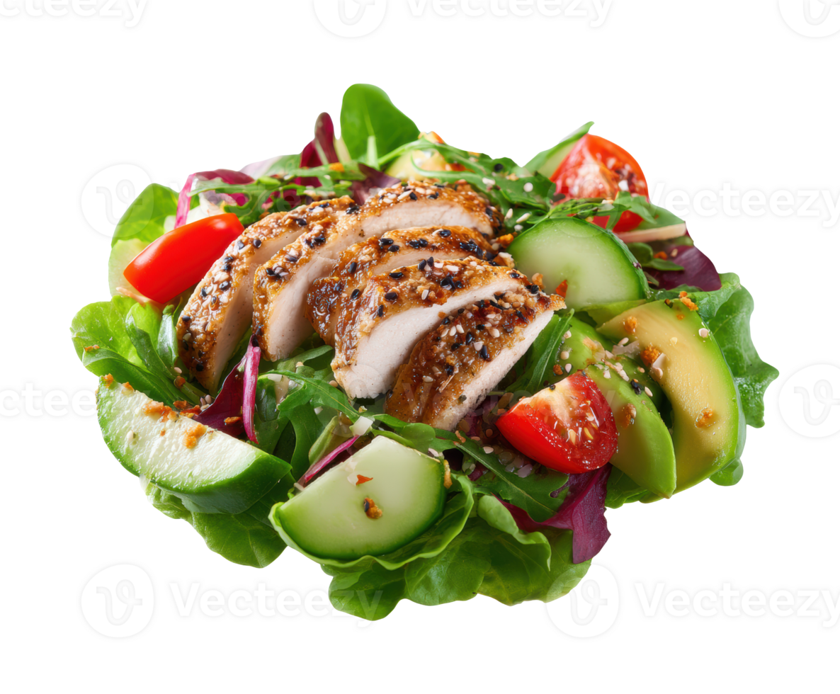 Delicious grilled chicken salad with fresh vegetables and dressing png