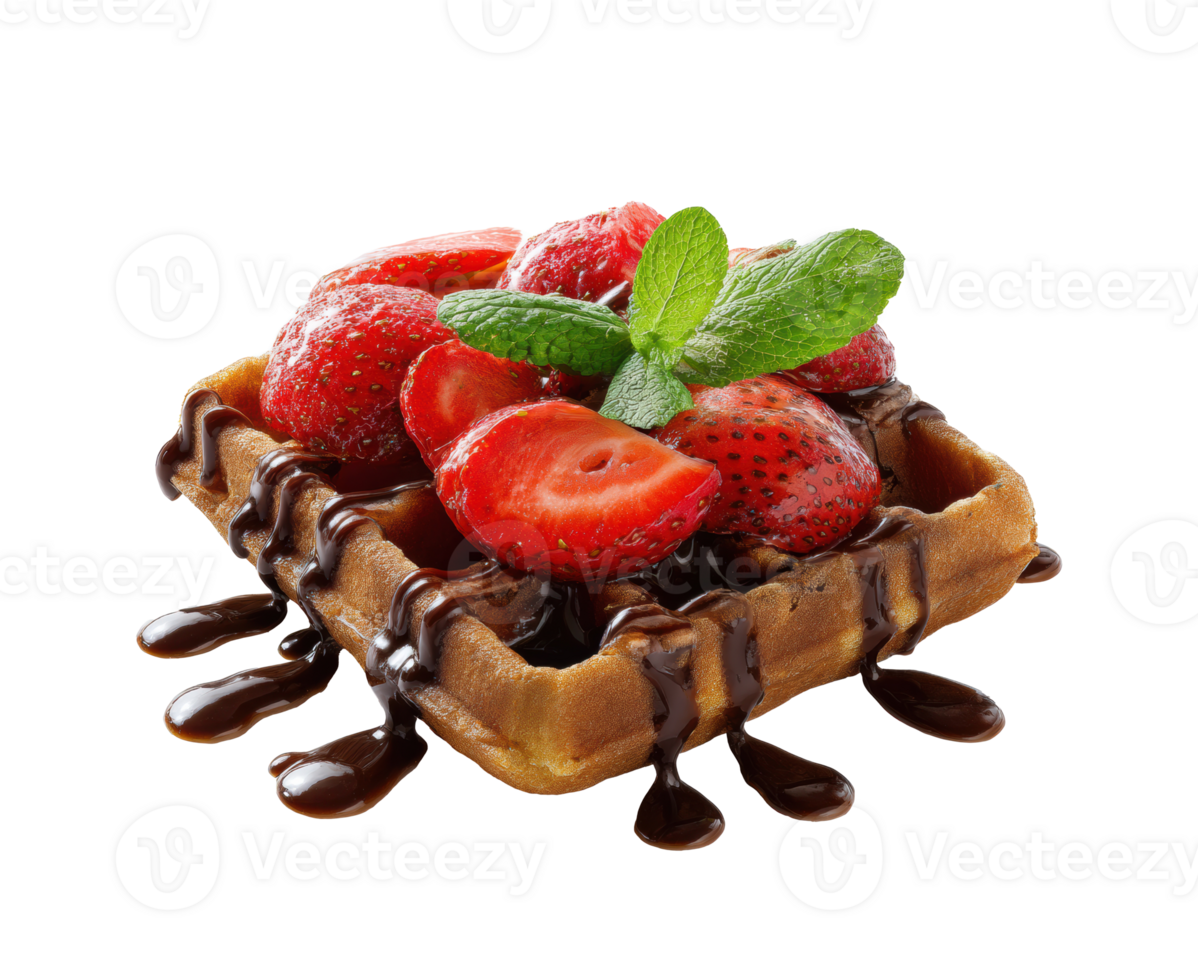 Waffles with strawberries and chocolate drizzle for dessert png