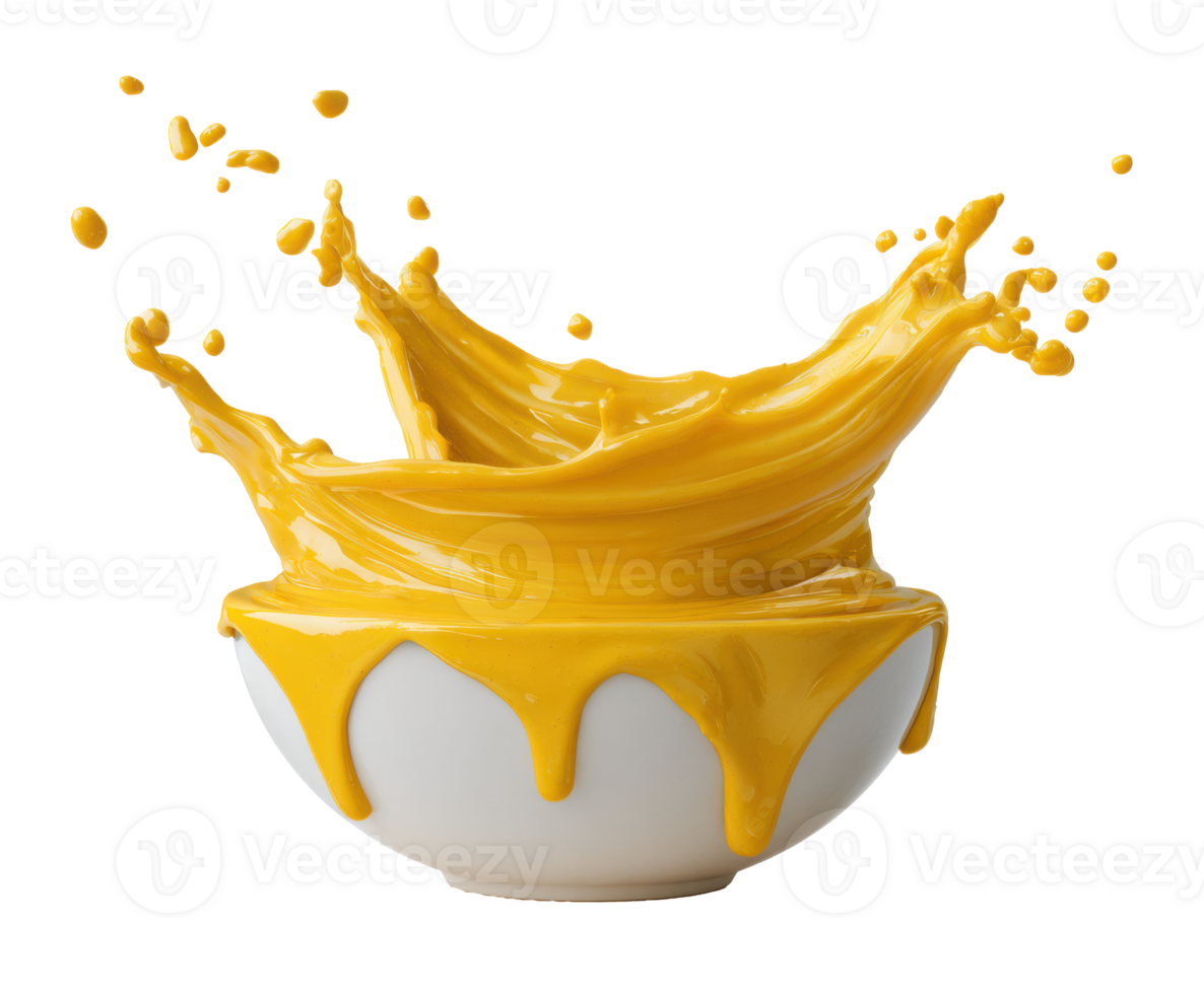Dynamic splash of yellow paint in a bowl for art projects png
