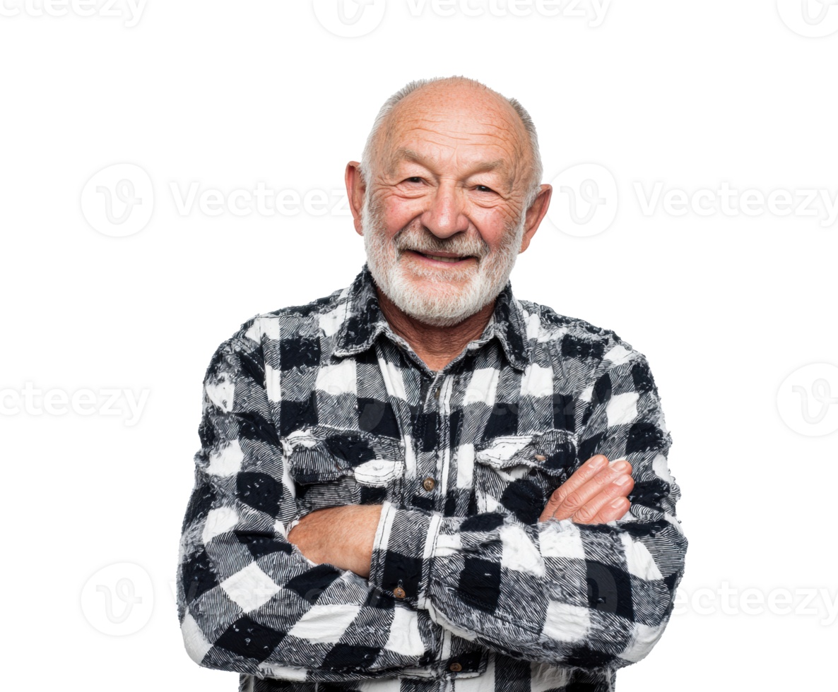 Smiling senior man in checkered shirt with crossed arms png