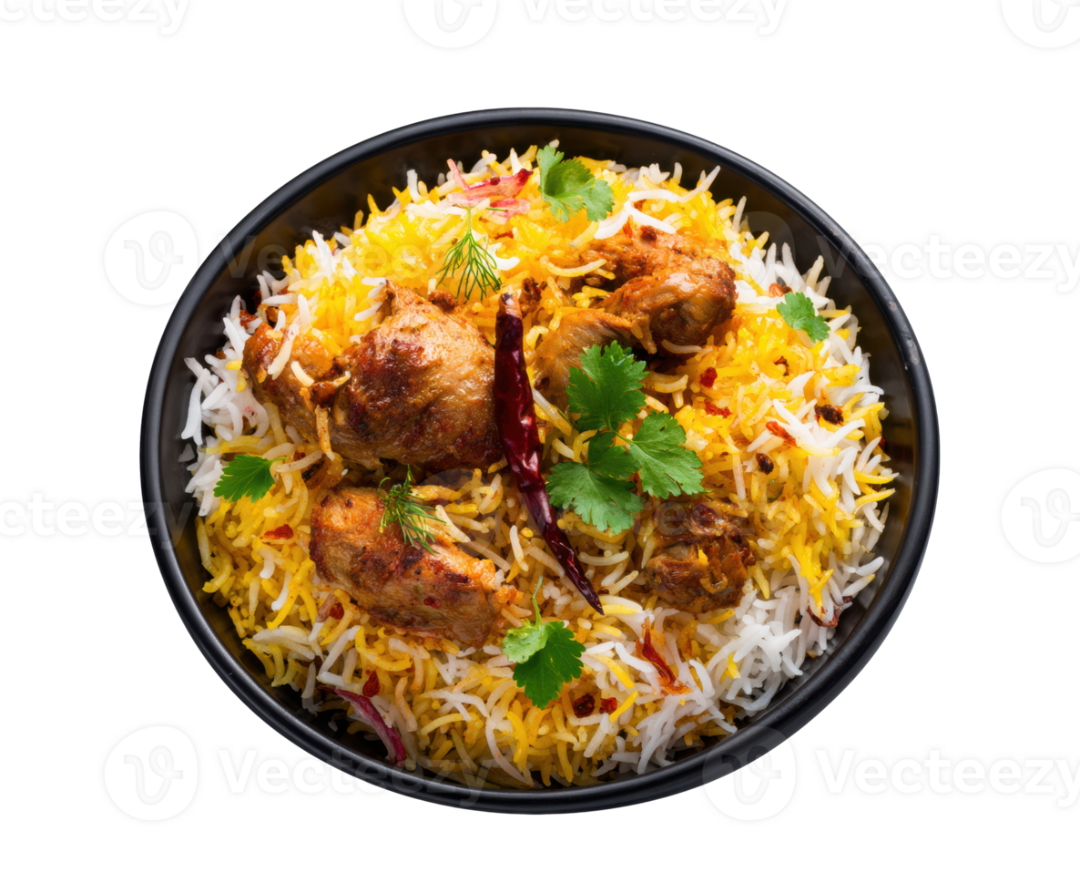 Flavorful chicken biryani with aromatic rice and spices png