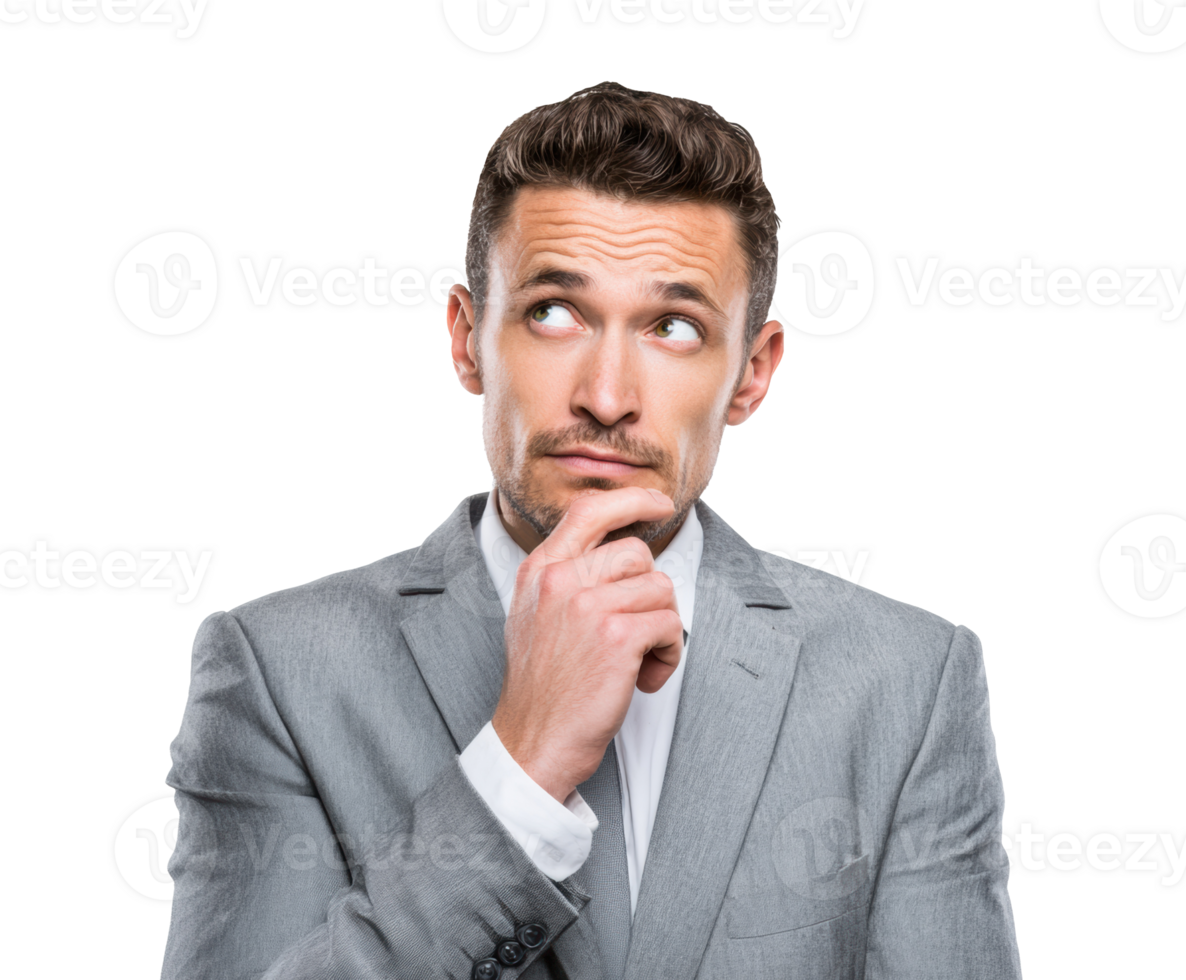 Businessman in suit thinking critically about future decisions png