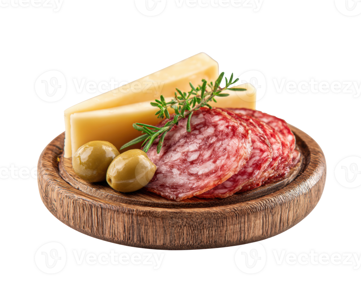 Cheese and salami platter with olives and herbs for appetizer png