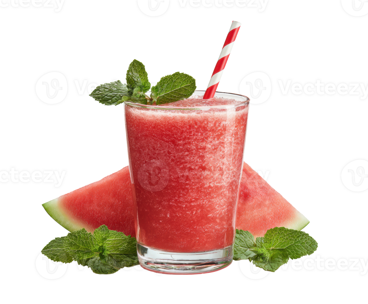 A cool watermelon smoothie is served in a glass with a striped straw png