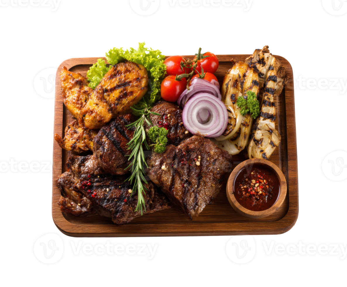 Grilled meat platter with vegetables and sauce for enjoyment png