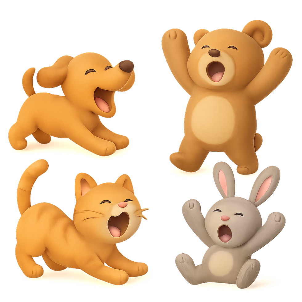 Cute Cartoon Animals Yawning in Cheerful Expressions and Poses png