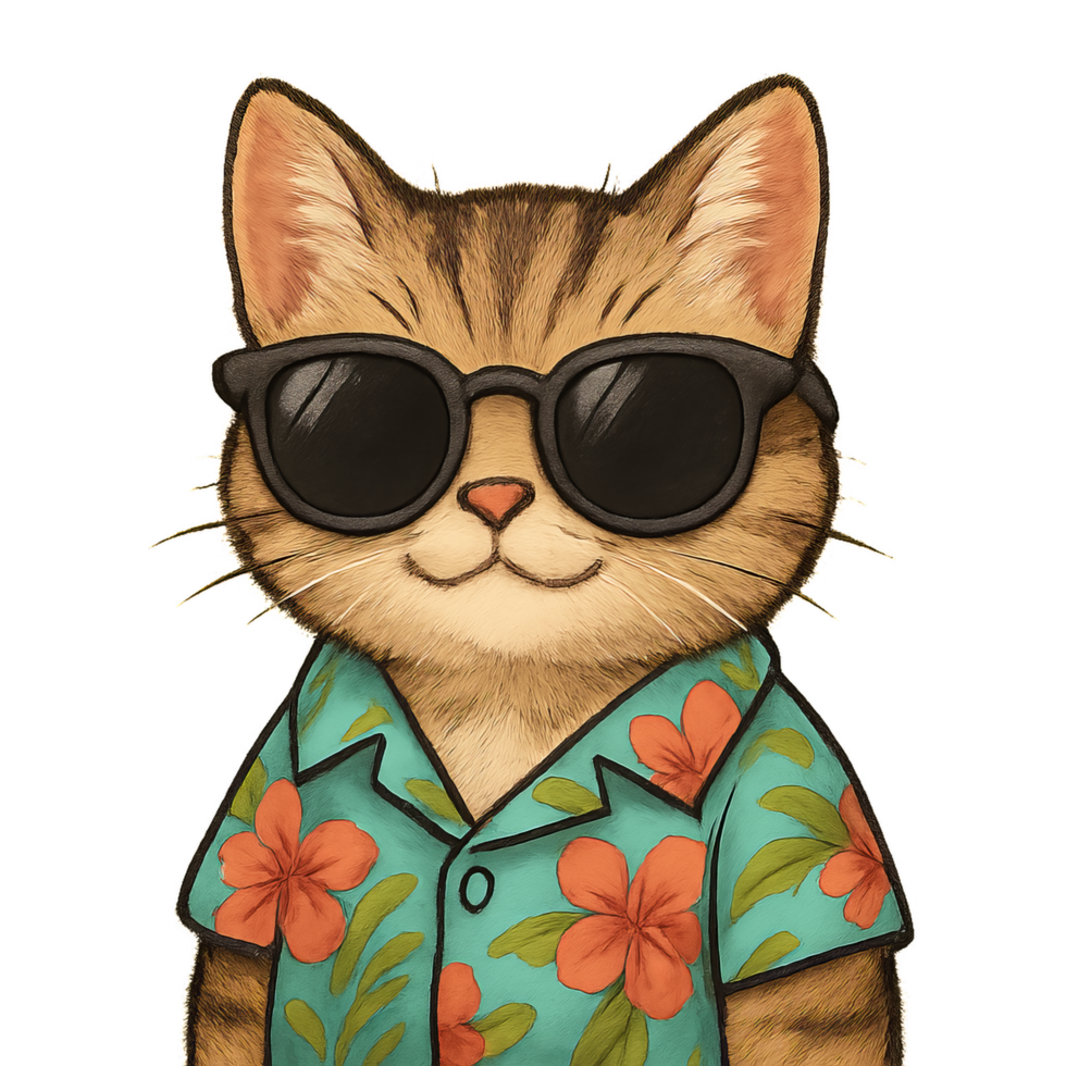 Cool Cat with Sunglasses and Tropical Shirt Enjoying Chill Vibes png