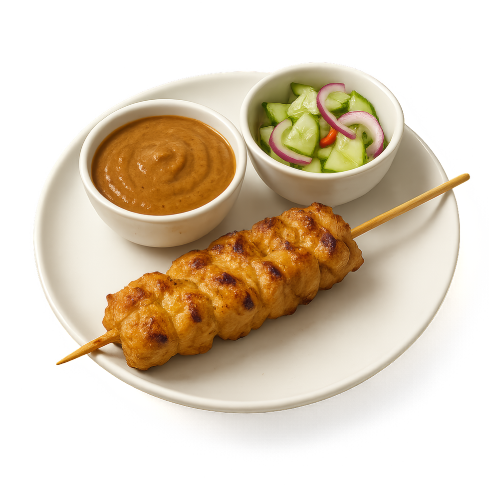 Simple Satay Skewers with Peanut Sauce and Fresh Vegetables Plate png