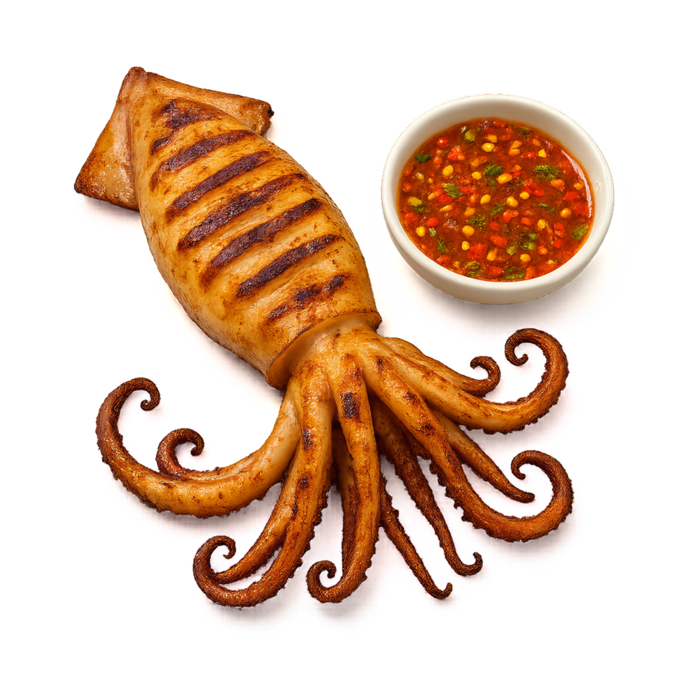 Grilled Squid Delight with Spicy Sauce on a White Background png