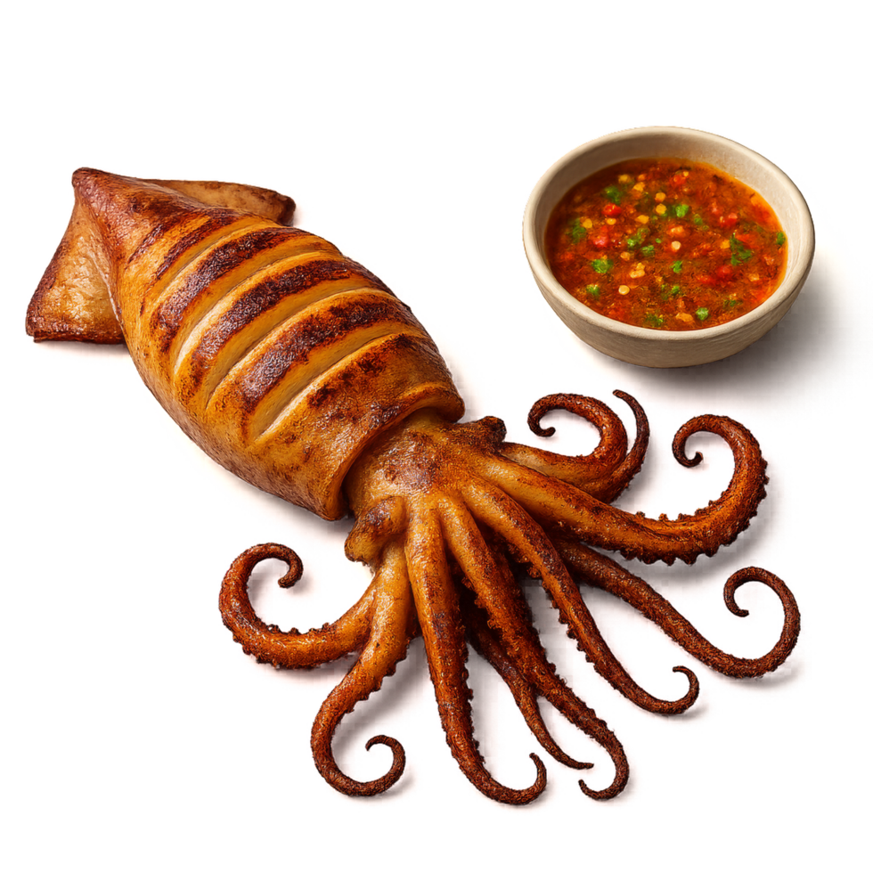 Delightful Grilled Squid with Zesty Sauce for Seafood Lovers png