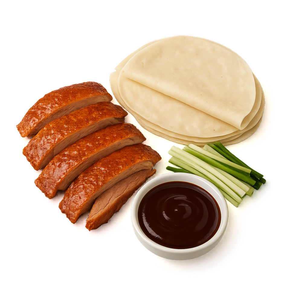 Peking Duck Delight with Pancakes and Sauce on White Background png
