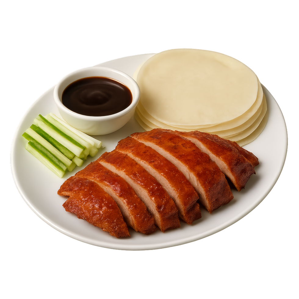 Sliced Peking Duck with Vegetables and Sauce on a White Plate png